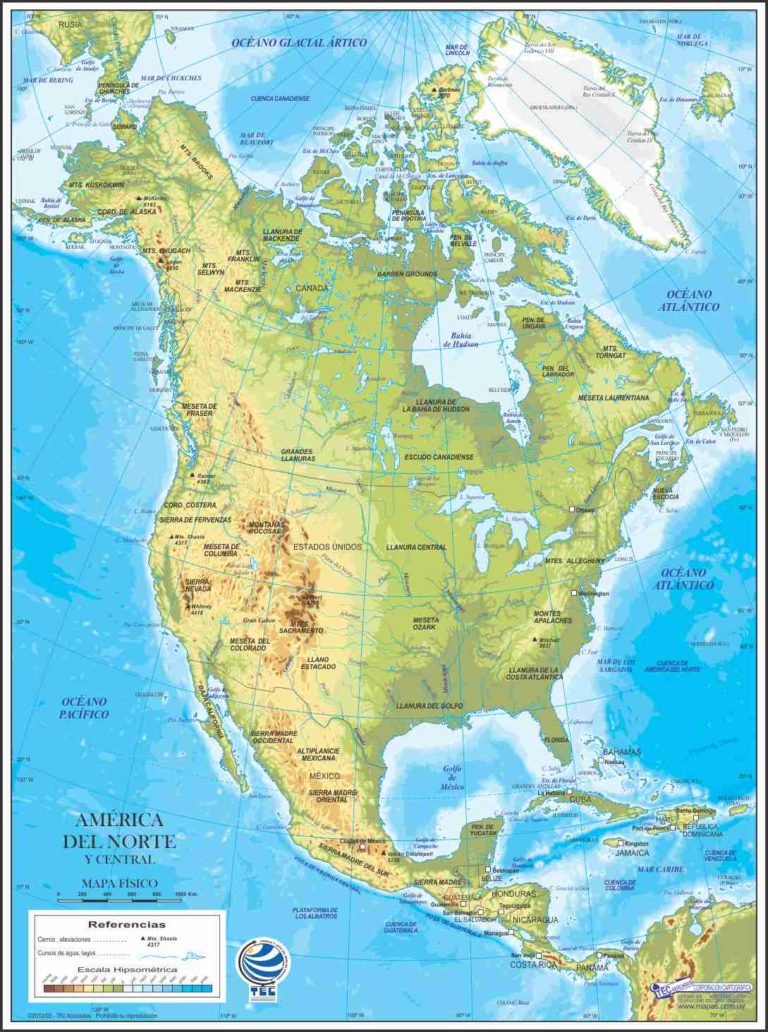 Mapa de América del Norte y Central Físico TEC Asociados